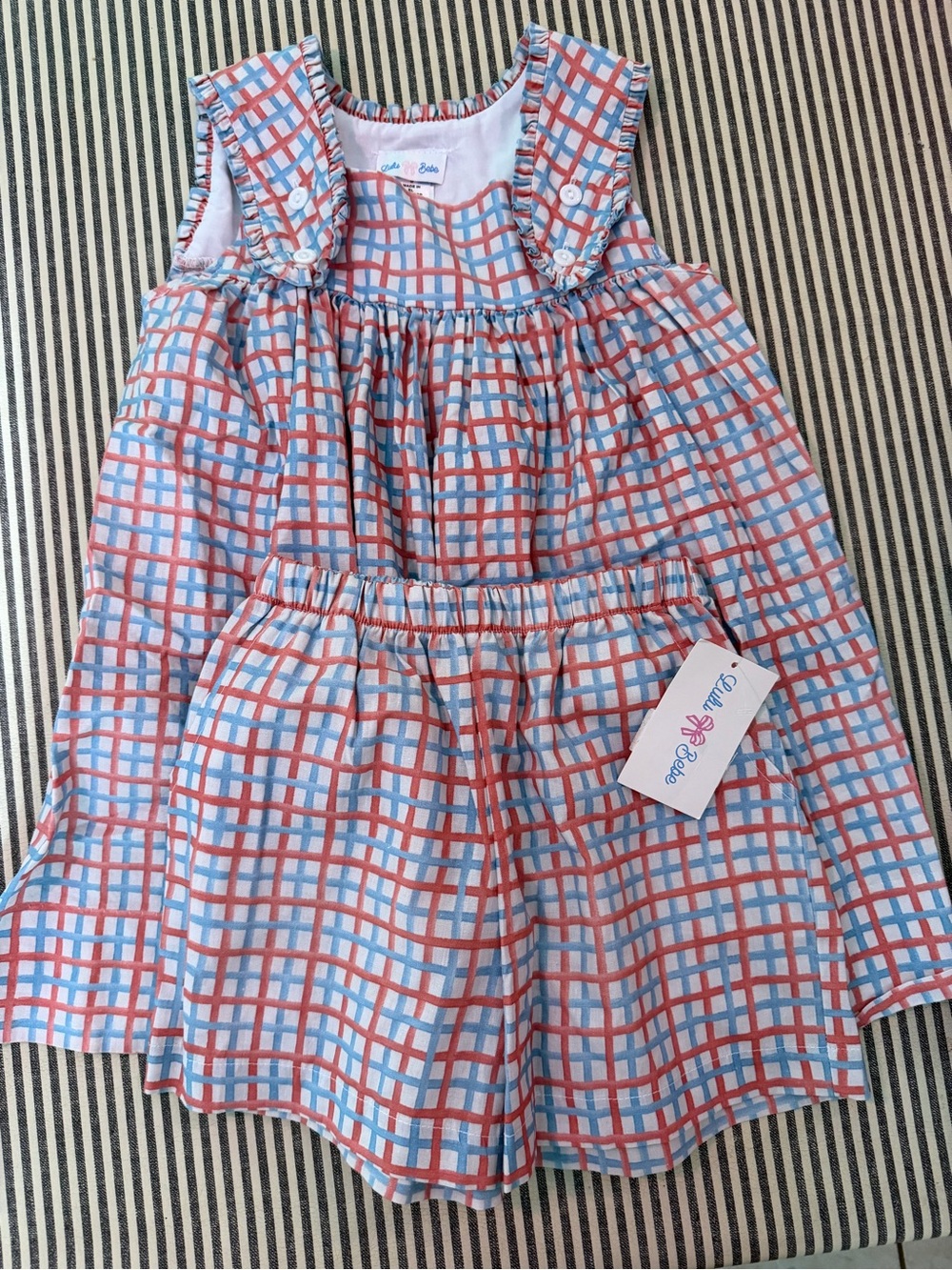 Girls Plaid Smocked Two-Piece Set in Coral & Light Blue